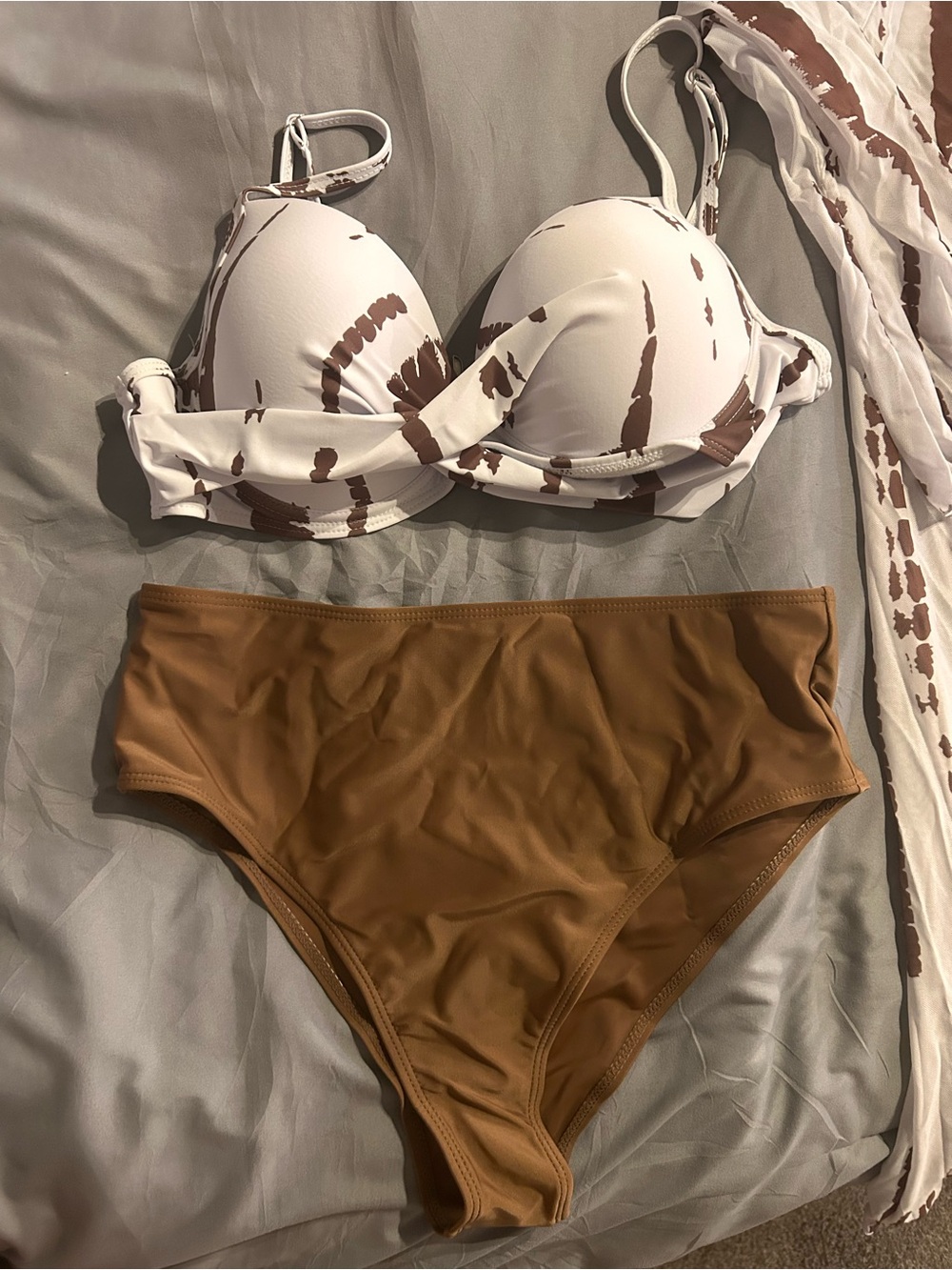 High-Waist Two-Piece Bikini Set in White & Brown with coverup